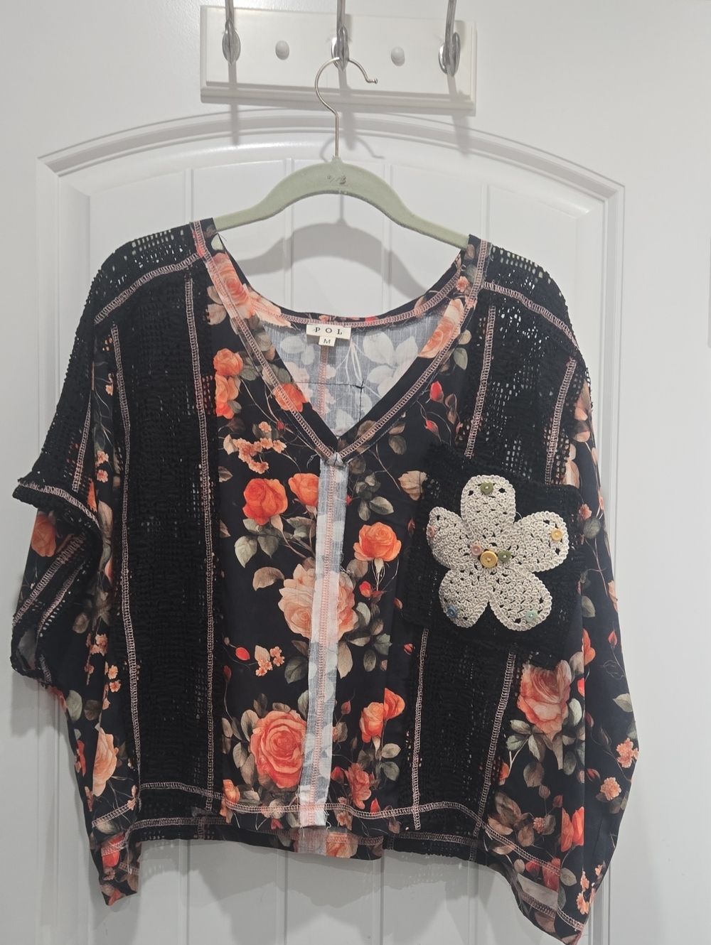 POL Black Floral V-Neck Tunic with Crochet Flower Pocket